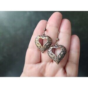 Jezlaine 925 Sterling Silver Filigree Openwork Dangle Heart Earrings Vintage